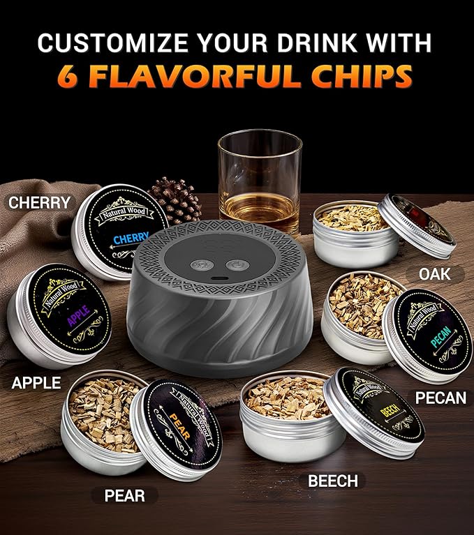 Whiskey Smoker Kit with Built-in Lighter, Electric Cocktail Smoker Kits with 6 Wood Chips Old Fashioned Bourbon Drinking Smoking Kit Gifts for Dad Husband Men Father, No Butane Needed, Black