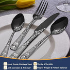 EUIRIO 53-Piece Black Silverware Set with Serving Utensils, Black Flatware Set for 8, Stainless Steel Mirror Cutlery Set, Spoons Forks Knives with Unique Floral Laser, Tableware Set, Dishwasher Safe