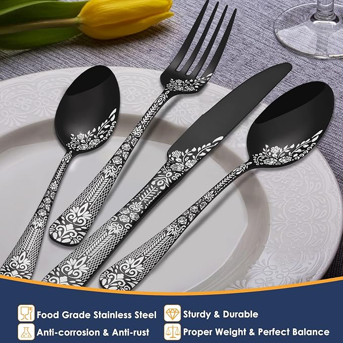 EUIRIO 53-Piece Black Silverware Set with Serving Utensils, Black Flatware Set for 8, Stainless Steel Mirror Cutlery Set, Spoons Forks Knives with Unique Floral Laser, Tableware Set, Dishwasher Safe