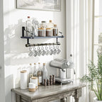 Love-KANKEI Wall Shelf for Storage Rustic Wood Kitchen Spice Rack with Towel Bar and 8 Removable Hooks for Organize Cooking Utensils or Mugs Floating Shelf Weathered Grey