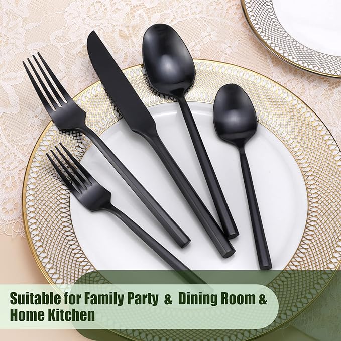DEACORY Silverware Set Flatware Set Matte Black Cutlery Set Brushed Finished Hexagon Handle Heavy Stainless Steel 40 Pieces Dishwasher Safe Service for 8