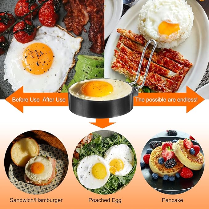 HARFINGTON 4Pcs Egg Rings 6" Stainless Steel Nonstick Round Pancake Shaper Cooking Mould for Griddle Frying Eggs Sandwich Omelets Breakfast