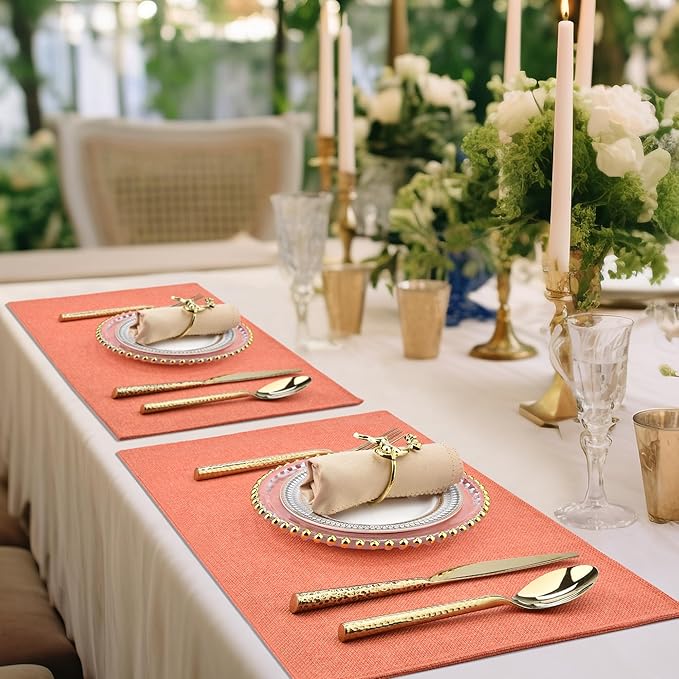 Thanksgiving Orange Cloth Placemats Set of 6 - Easy to Clean Linen Type Fabric Table Placemats -Machine Washable & Heat Resistant Non-Slip Table Mats for Holiday Dining (Orange, 6)