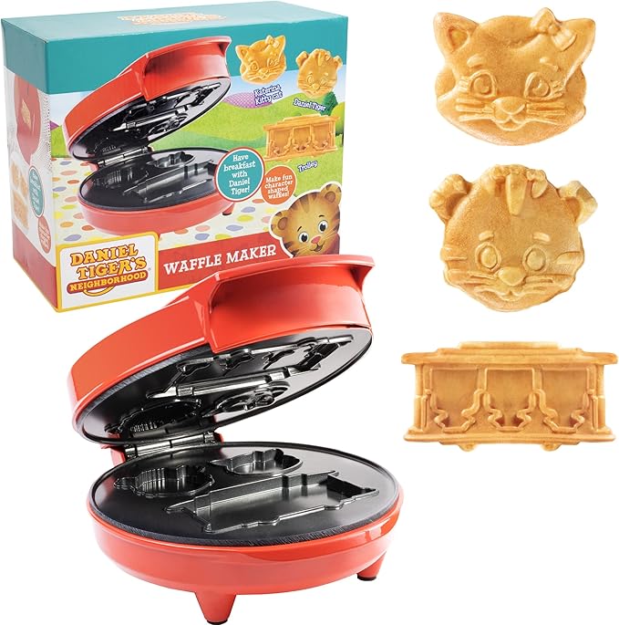 Daniel Tiger Neighborhood Waffle Maker Iron- Electric Nonstick Waffler Feat. 3D Mini Character Shaped Waffles Pancakes- Daniel Tiger, Katerina Kitty Cat & Trolley- Fun Breakfast for Kids - Great Gift