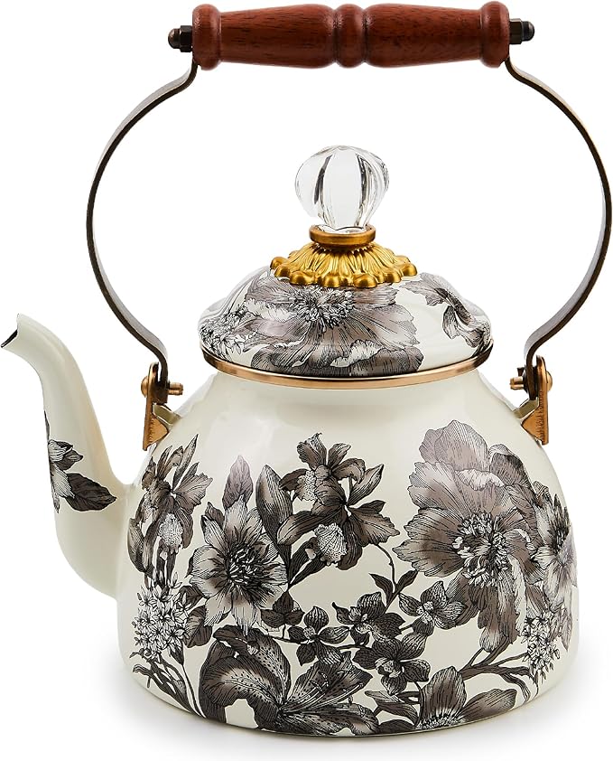 MACKENZIE-CHILDS 2-Quart Enamel Tea Kettle, Cute Tea Kettle for Stovetop, Sterling English Garden