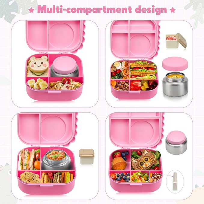 Bento Lunch Box with Thermo, 4-Compartment Bento Box with Adjustable Dividers, Leakproof Dinosaur Lunch Box with 14.2OZ Insulated Food Jar & Sauce Jar, for School Office Travel(Pink)