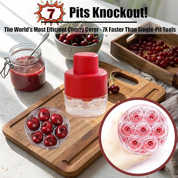 PCTC Cherry Pitter Tool - Pit Remover for Cherries, Multi-Functional Fruit & Vegetable Tool, Quick Release Remove 7 Cherry Pits at Once, Kitchen Gadget for Easy Prep (Red)