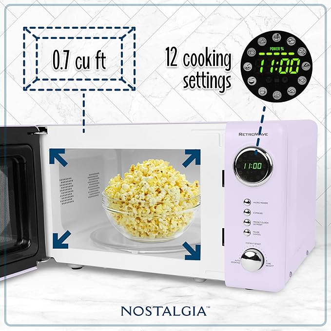 Nostalgia Retro Compact Countertop Microwave Oven 700-Watts with LED Digital Display-Child Lock-Easy Clean Interior-Lavender, 0.7 Cu. Ft