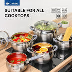 Daniks Modern 11-Piece Stainless Steel Cookware Set with Glass Lids, Includes Saucepan and Frying Pan with Lid, Tri-Ply Bases for Even Heating, Induction Compatible, Dishwasher Safe, Heatproof Handles