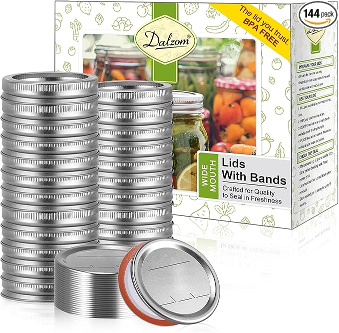 Dalzom® 144Pcs Canning Lids with Rings Wide Mouth, Premium Mason Jar Lids with Rings for Ball, Kerr Jars - Food Grade Material, 100% Fit & Airtight for Wide Mouth Mason Jars