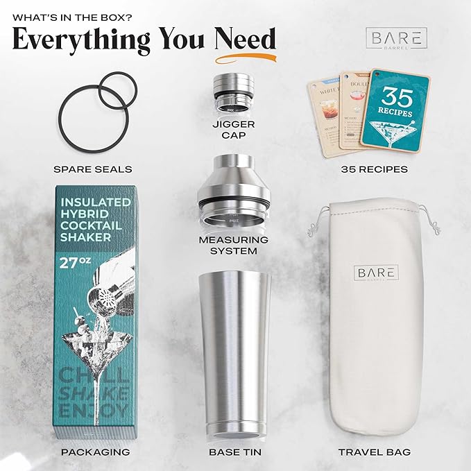 Insulated Cocktail Shaker Set | Double Wall Stainless Steel | Martini Shaker for Home Bar Bartending | Built-in Drink Measurement System & Strainer, Travel Bag, 35 Recipes | Gift Set (Silver)