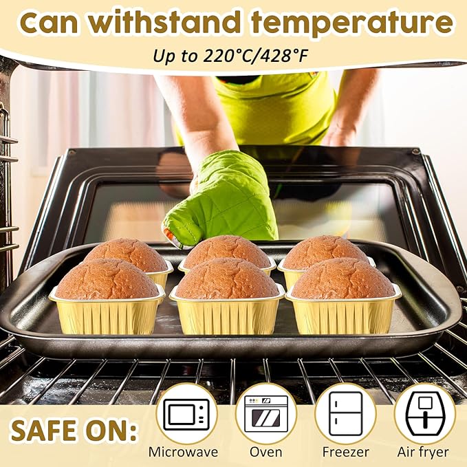 Aoriher 150 Pieces 10 oz Mini Cake Pans with Lids Aluminum Foil Baking Cups Square Disposable 4" x 4" Large Cupcake Cups Baking Tins for Kitchen Brownie Pudding Desserts Holders(Gold, Silver)