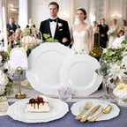 WDF 60pcs White Plastic Plates -10.25inch Baroque White Disposable Dinner Plates for Upscale Parties/Wedding