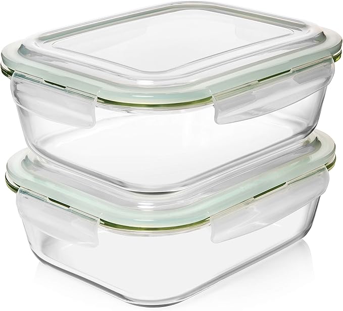 Razab 10 Cups/ 80 Oz 4 Pc (Set of 2) Glass Food Storage Containers with Airtight Locking Lids-For Storing & Serving Food. BPA Free & Leak Proof - Microwave, Dishwasher, Fridge, Freezer and Oven Safe