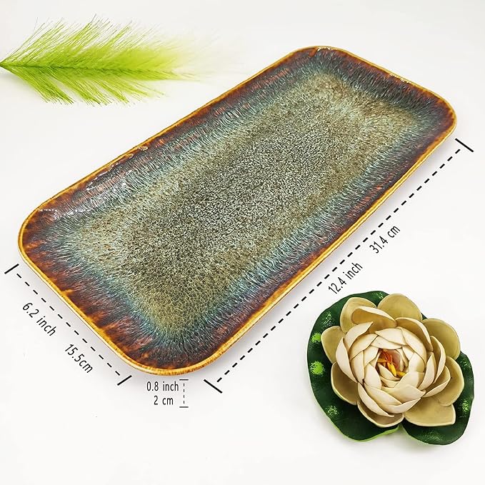 Ceramic Dinner Plates Dish Set, Set of 4, Microwave Oven and Dishwasher Safe,Scratch Resistant, Dinnerware Kitchen Porcelain Serving Dishes Brown glaze change, 12.4 Inch Rectangle plate