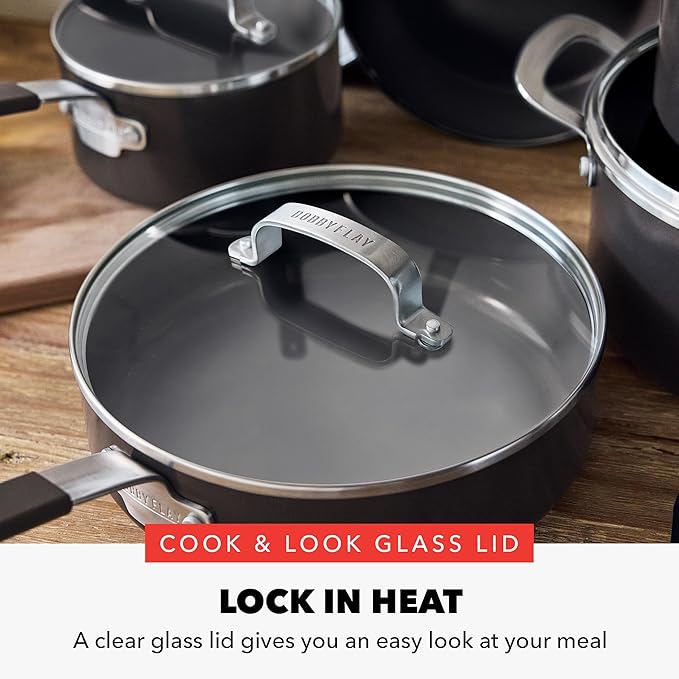 GreenPan x Bobby Flay 13 Piece Nonstick Cookware Pots and Pans Set, PFAS-Free Diamond Ceramic, Induction Suitable, Easy Clean Dishwasher & Oven Safe, Stay-Cool Silicone Handles, Glass Lids, Black