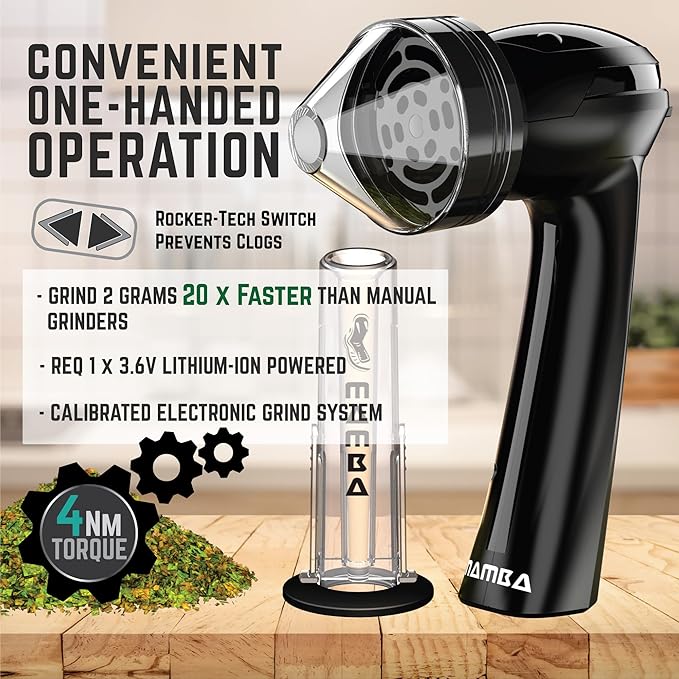Mamba Loader XL 2g Black USB Electric Herb Grinder. Small Portable Metal Herbal Machine & Spice Mill for the Kitchen