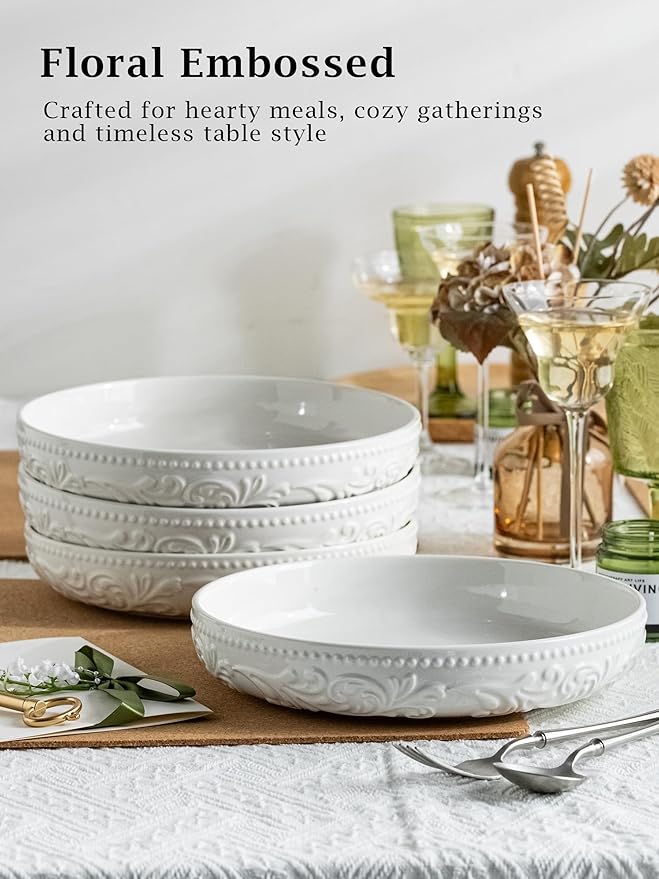 YHOSSEUN 9.75" Pasta Bowls Set of 4, 50 OZ Large Salad Bowl Pasta Plates, Ceramic Serving Bowl Plate White Soup Bowls, Embossed Morning Glory