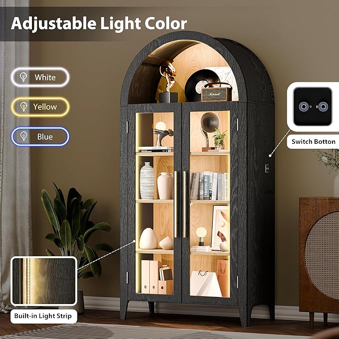 Arch Storage Cabinet with Tempered Glass Door, 71” Arched Display Floor Cabinet, 5 Tier Farmhouse Buffet with Storage for Dining Room, Living Room, Home Office or Kitchen(Black)