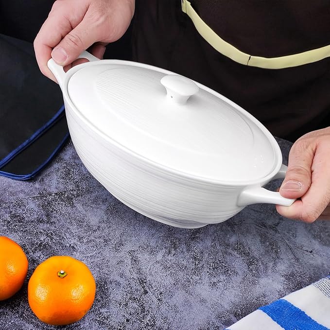 9" x 6.5" Oval Casserole Dish with Lids,1.9 Quart French White Ceramic Serving Soup Tureens, Baking Dish with Handle 12.1 IN, for Casseroles, Lasagna Cookware Set, Microwave, Oven Safe