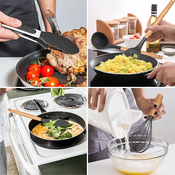 Kitchen Utensils Set of 12, E-far Silicone Cooking Utensils with Holder, Non-stick Cookware Friendly & Heat Resistant, Includes Spatula Tong Whisk Ladle Brush Slotted Turner Spoon(Gray)