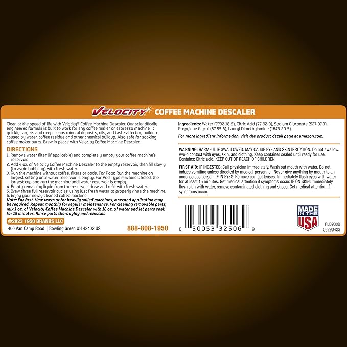 Velocity Coffee Machine Cleaner and Descaler – 4 Uses Per Bottle. Deep Cleans Coffee Makers & Espresso Machines, Coffee Maker Cleaner compatible with Keurig, Breville, Nespresso, Mr. Coffee & More.
