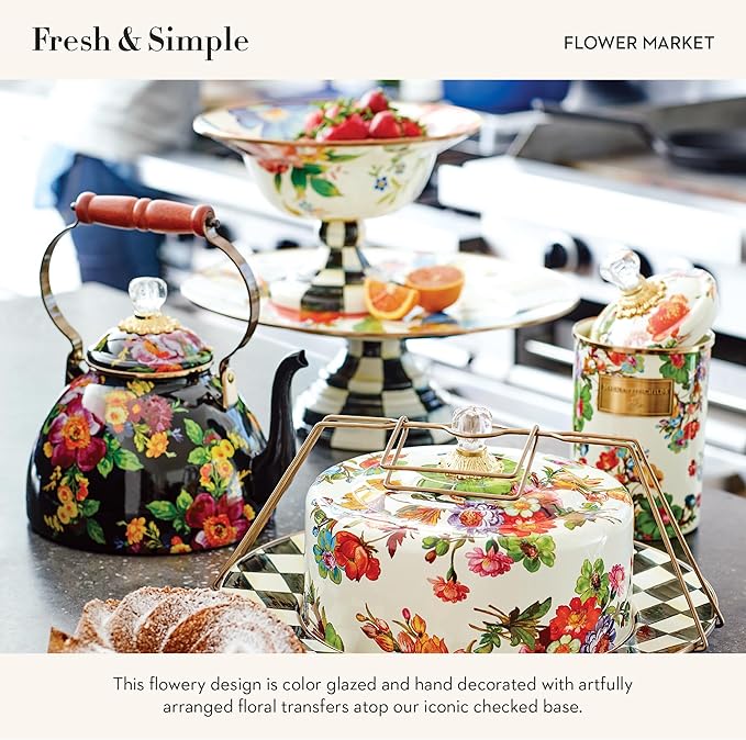 MACKENZIE-CHILDS Enamel Pedestal Platter, Round Cake Stand, Mini White Flower Market