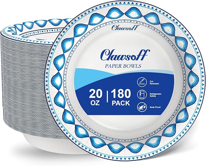 20 oz 180 Pack Paper Bowls Bulk, Soak Proof Heavy Duty Paper Bowls, Cut Proof Small Soup Bowl, Disposable Bowl for Party, Birthday and Picnic