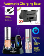 Electric Salt and Pepper Grinder Set with USB Charging Base, Upgraded 95ml Larger Capacity, Adjustable Coarseness,Stainless Steel Automatic Pepper Mill with One-Hand Operation, 2 Pack (Silver+Silver)