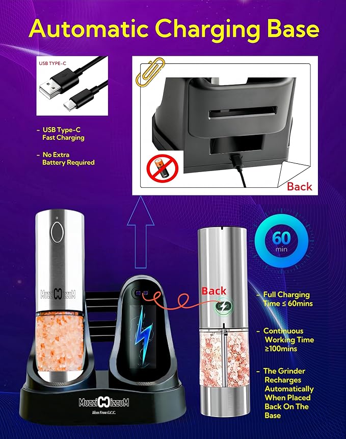 Electric Salt and Pepper Grinder Set with USB Charging Base, Upgraded 95ml Larger Capacity, Adjustable Coarseness,Stainless Steel Automatic Pepper Mill with One-Hand Operation, 2 Pack (Silver+Silver)
