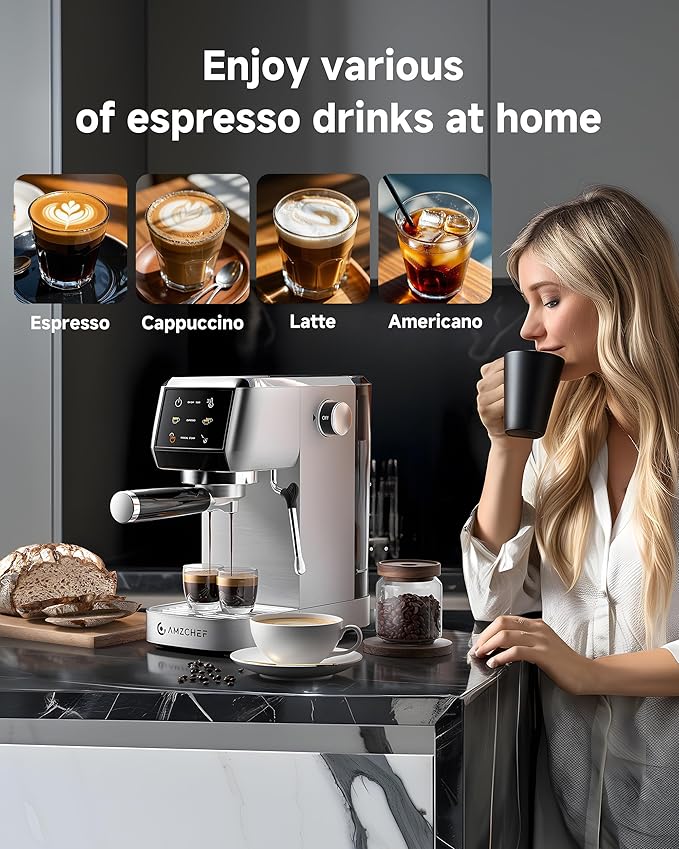 AMZCHEF Espresso Machine 20 Bar – Professional Coffee Maker with Milk Frother, Adjustable Temperature & Pressure, Compact Stainless Steel Espresso Maker for Cappuccino, Latte, Mocha, 44oz Water Tank