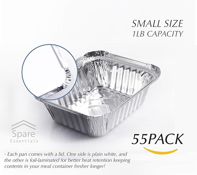 Spare Essentials 55 Pack - Small Foil Pans with Lids - To Go Food Containers with Lids 1lb Mini Aluminum Pans Freezer Safe Foil Take out Trays Heat proof Aluminum Meal Prep Containers 5.5x4.5x1.9 in