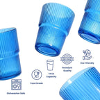 Blue Ribbed Glass Set of 4 14oz Highball Glass Stackable Vintage Durable for Water, Seltzer, Sparkling, Elegant Everyday Glassware