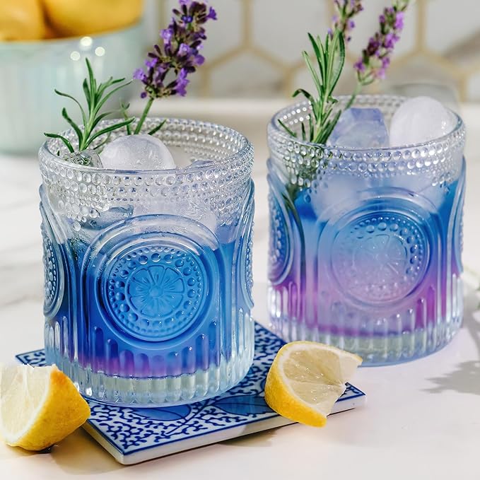 Kate Aspen Ribbed Retro Arch Floral Clear Drinking Glasses Set of 6, (10 oz) Vintage Glassware Set Cocktail Glass Set, Juice Glass, Water Cups | Great Hostess Gift & Gift for New Home Owners