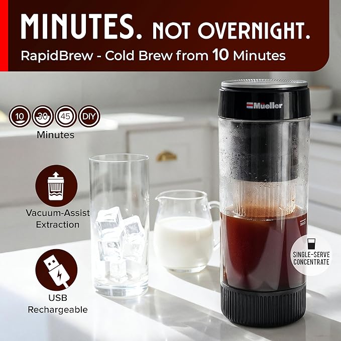Mueller RapidBrew Cold Brew Iced Coffee Maker – 10 Min Fast Brew Portable Rechargeable Cold Brew Machine for Coffee & Tea – Adjustable Strength 10-99 Min – 20 Servings Per Charge, Black Coffee