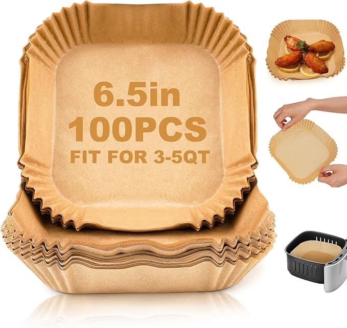 Air Fryer Paper Liner Disposable - 100PCS 6.5 Inch Square Liners for Air Fryer, Grease and Water Proof Non Stick Basket Parchment Paper