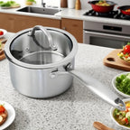Stainless Steel Small Brushed Saucepan With Lid, Induction Cooking Sauce Pot Pans, 18/10Tri-Ply Heavy Bottom Saucier Cookware, Dishwasher Safe & Oven Safe (2.5QT)