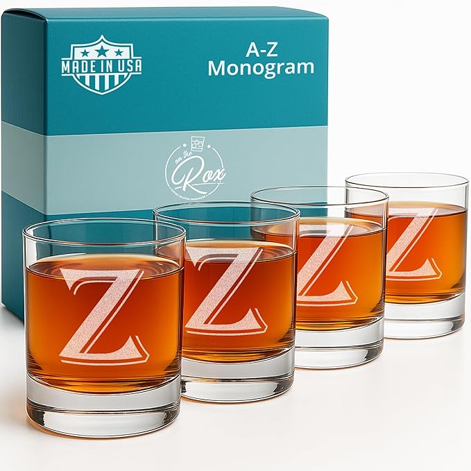 Monogrammed Gifts for Men - 4PC 11 Oz Custom Whiskey Glasses (Z-Monogram) - Engraved Whiskey Glasses - Personalized Whiskey Glasses - Unique Bourbon Glasses - Personalized Glass Gifts for Dad