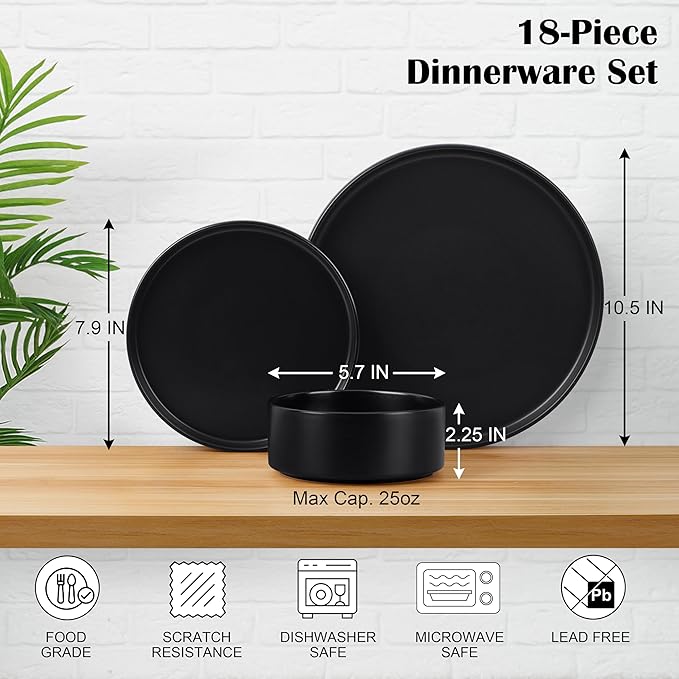E-far Black Dinnerware Sets for 6, 18-Piece Stoneware Plates and Bowls Dish Set, Modern Kitchen Dinning Dishware, Chip and Scratch Resistant, Microwave & Dishwasher Safe, Matte Black