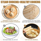 Tessco for you 59 Pcs 2 Tier 12 Inch Bamboo Steamer Basket Set Including Bamboo Steamer Stainless Steel Ring Dumpling Maker Mold and Cutter Spoon 2 Pair Chopsticks 2 Sauce Dish 50 Paper Liners