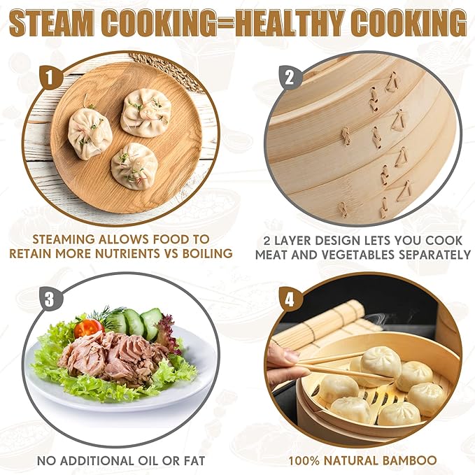 Tessco for you 59 Pcs 2 Tier 12 Inch Bamboo Steamer Basket Set Including Bamboo Steamer Stainless Steel Ring Dumpling Maker Mold and Cutter Spoon 2 Pair Chopsticks 2 Sauce Dish 50 Paper Liners