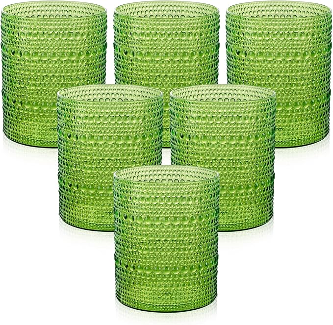 18PCS Hobnail Plastic Drinking Glasses - 14Oz Beaded Glasses Drinkware Set Disposable - Green Vintage Plastic Bubble Glassware for Beer, Juice, Cocktail, Whiskey, Milk and Various Mixed Drinks