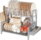 BOOSINY 2 Tier Dish Drying Rack and Drainboard Set, Large Stainless Steel Dish Drainers for Kitchen Counter, Plates Strainer Shelf with Cup Holder（Sliver）