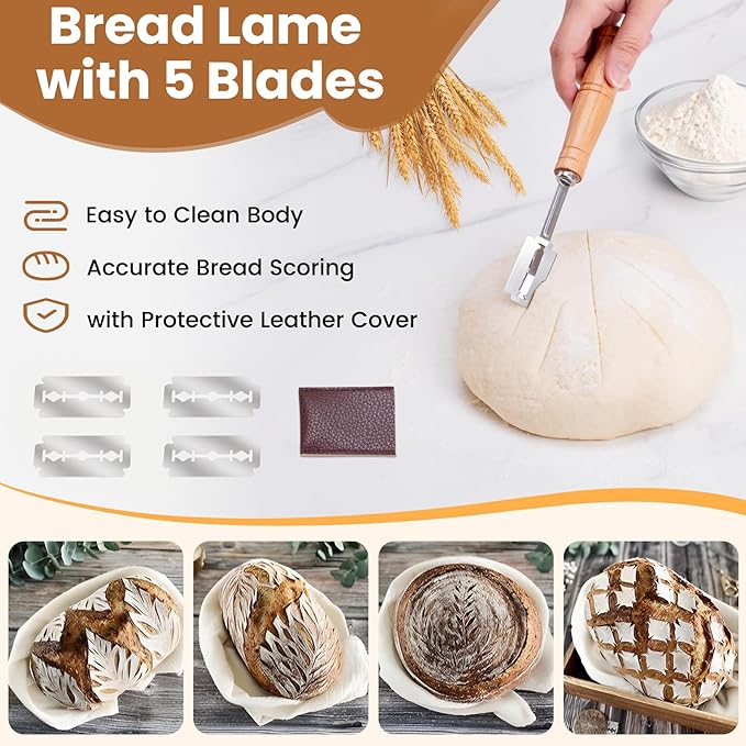 Bread Making Tools with Danish Dough Whisk Set, Sourdough Bread Scoring Tool & Baking Supplies - Bread Lame, Silicone Baking Sling, Bread Bag & More, Bread Baking Supplies