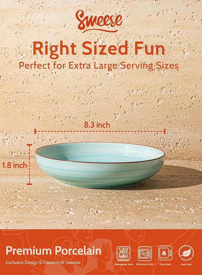 Sweese Pasta Bowls Set of 6, 30 Ounce Ceramic Salad Plates for Dishwasher & Microwave Safe - Solid Salad Bowls, Soup Bowls - Deep Plates Lipped Edges, Oven Safe Porcelain Plates Serving Bowls