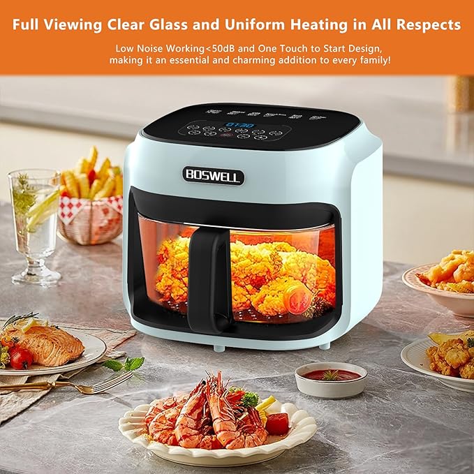 BOSWELL Glass Air Fryer, 7.6QT with Transparent Fry Bowl, Circulating Heating, Temperature Control, Stainless Steel Air Fryer Roast, Dishwasher Safe (Green)