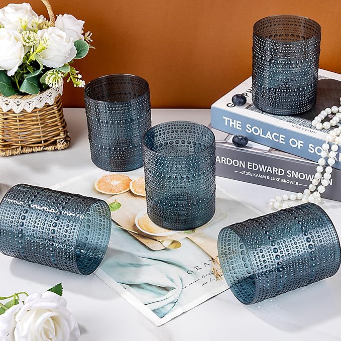 18PCS Hobnail Plastic Drinking Glasses - 14Oz Beaded Glasses Drinkware Set Disposable - Blue Vintage Plastic Bubble Glassware for Beer, Juice, Cocktail, Whiskey, Milk and Various Mixed Drinks