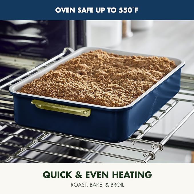 GreenPan Bakeware 13" x 9" Quarter Sheet Pan, Ceramic Nonstick Baking Pan, PFAS & BPA Free, Gold Handles, Durable Steel, Versatile & Space Saving Ovenware, Freezer to Oven Dish, Oxford Blue