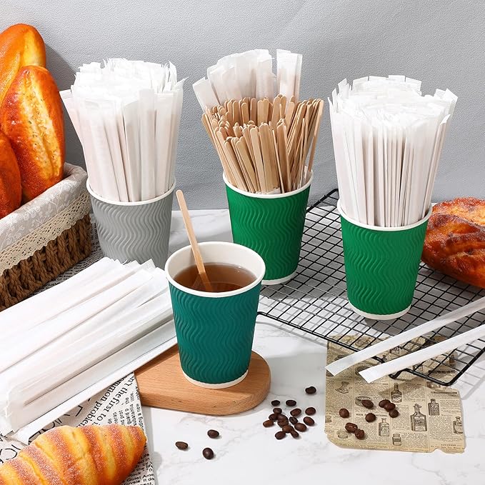 2000 Pcs Individually Wrapped Wooden Coffee Stirrers, Disposable Coffee Stir Sticks Round End Sticks Bulk Wood Stirrers for Cocktail Hot Drinks Restaurant Bar Home Office (7 Inch)