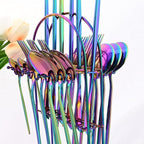24-Piece Mirror Rainbow Cutlery Set, Snplowum Stainless Steel Flatware Hanging Tableware Silverware Set Include Knife/Fork/Spoon/Teaspoon and Storage Rack For Daily Use, Service For 6